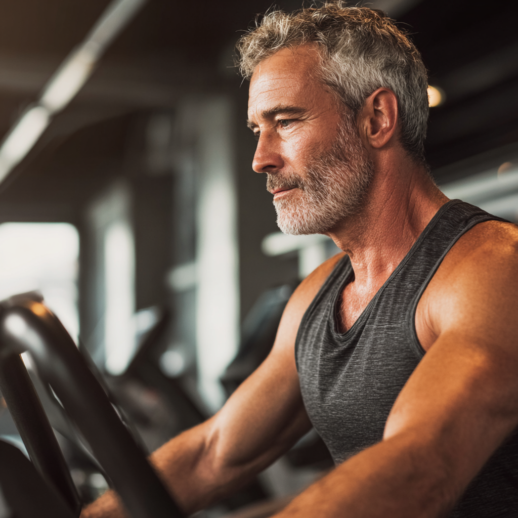 Middle-aged man demonstrating physical transformation and strength development